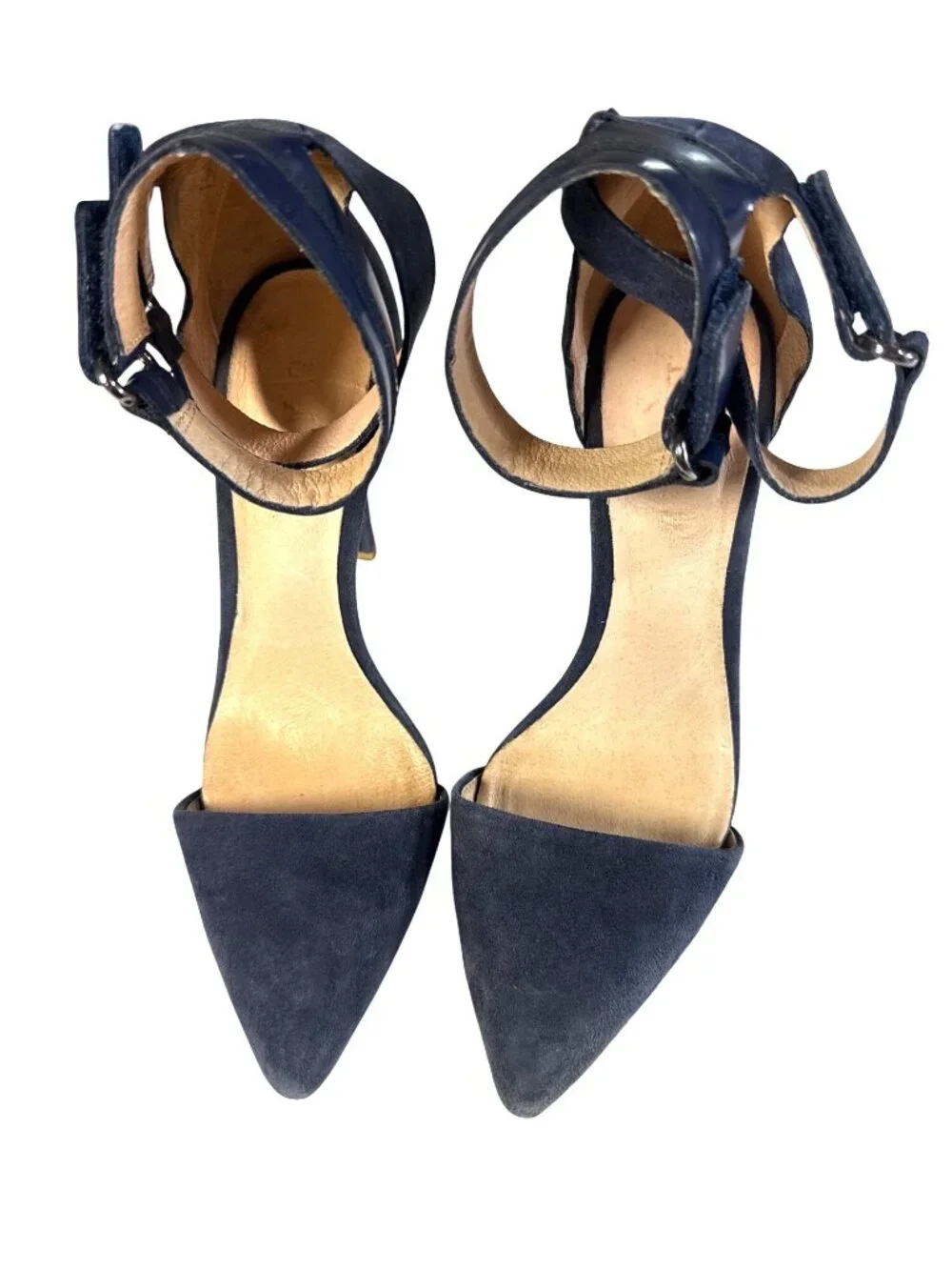 L.A.M.B. Gwen Stefani Navy Blue Suede Ankle Strap Pointed Toe Heels Size 6.5M